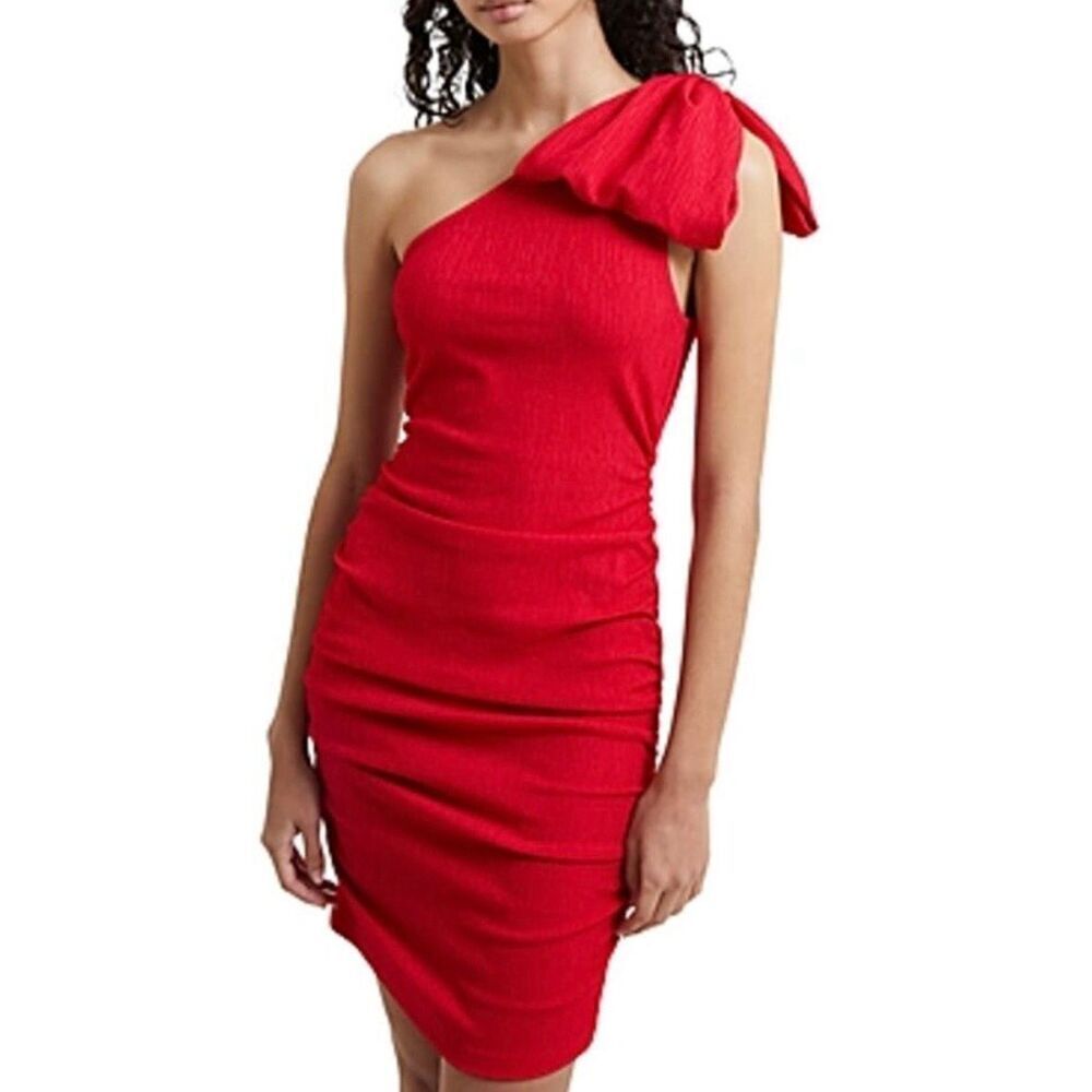 NWT French Connection Ribbed Bow One Shoulder  Lollipop Red Dress Women's XS